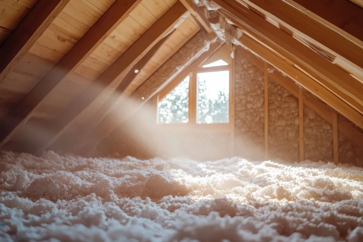 Attic filled with loose white insulation; sunlight streams through a window.