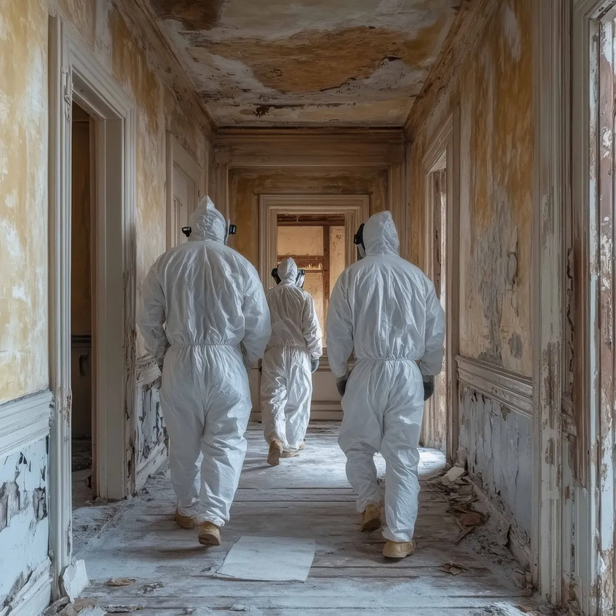 Three people in white protective suits walk down a dilapidated hallway with peeling paint.