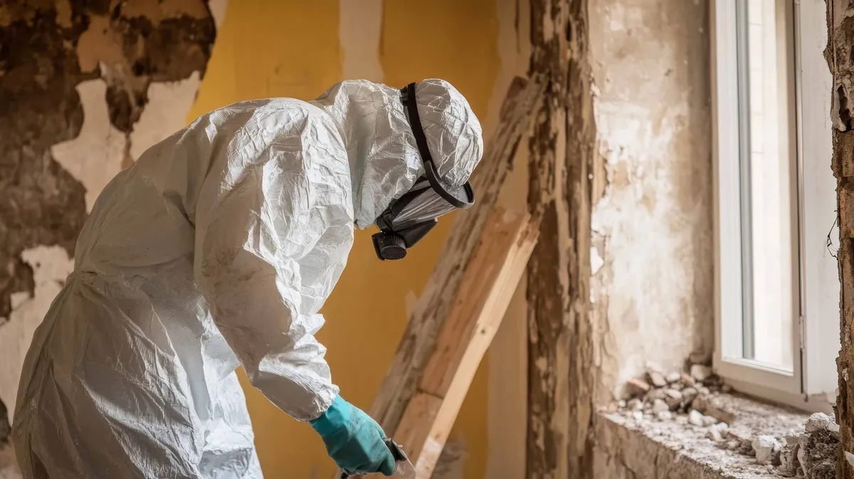 Une personne en combinaison de protection inspecte un mur endommagé dans une pièce avec fenêtre.