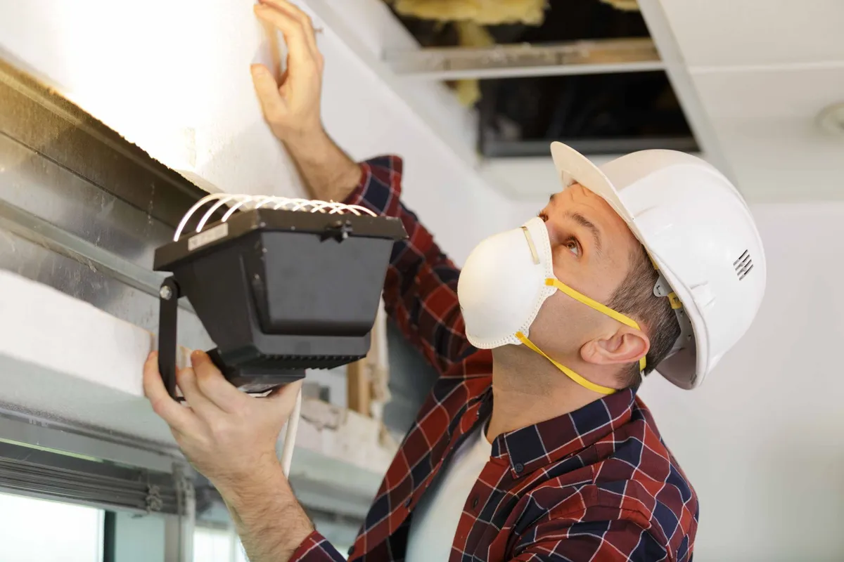 A man in a hard hat and mask inspects a ceiling with a flashlight, looking upward.