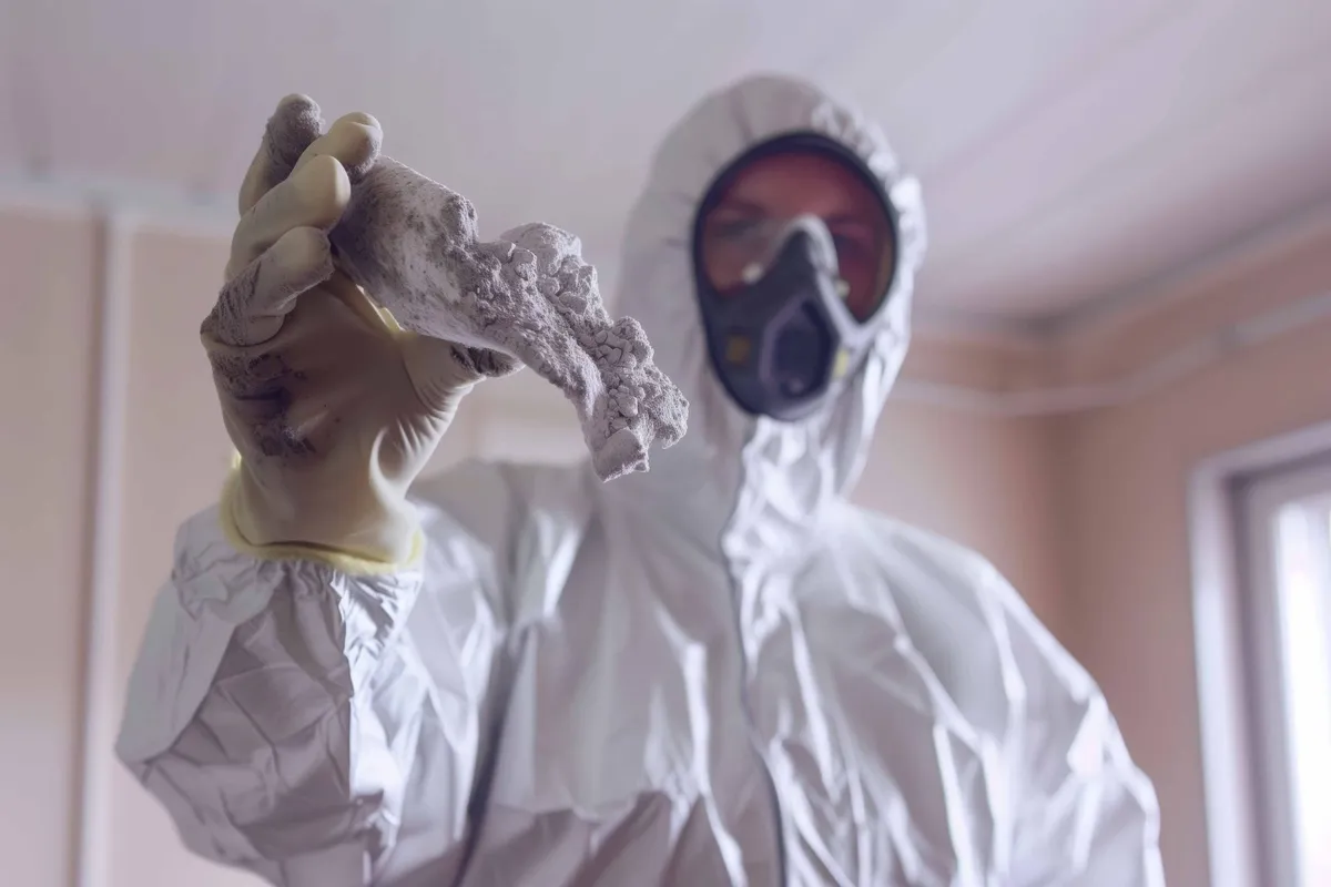 Person in protective suit and respirator holds up a sample in a room.